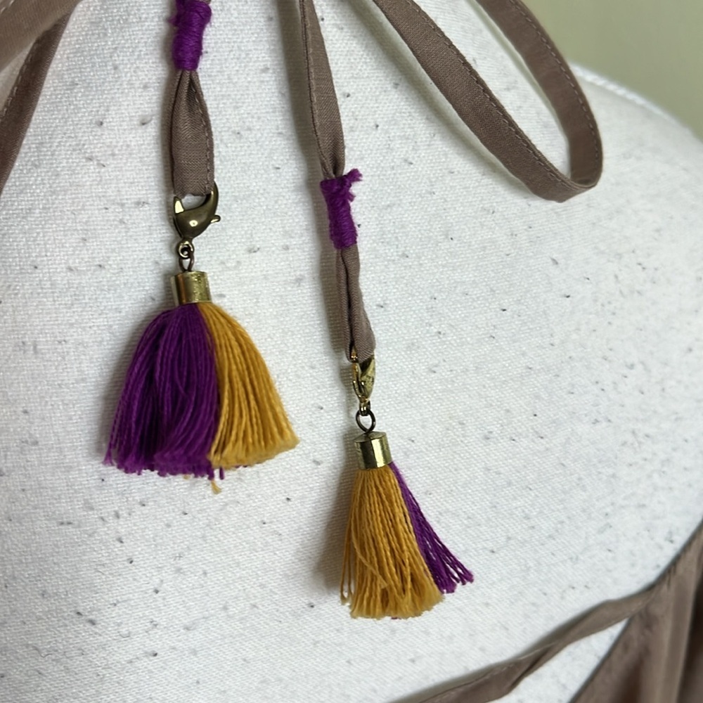 anthropologie blank london taupe tie neck beaded neckline flutter sleeve top - Picture 9 of 17